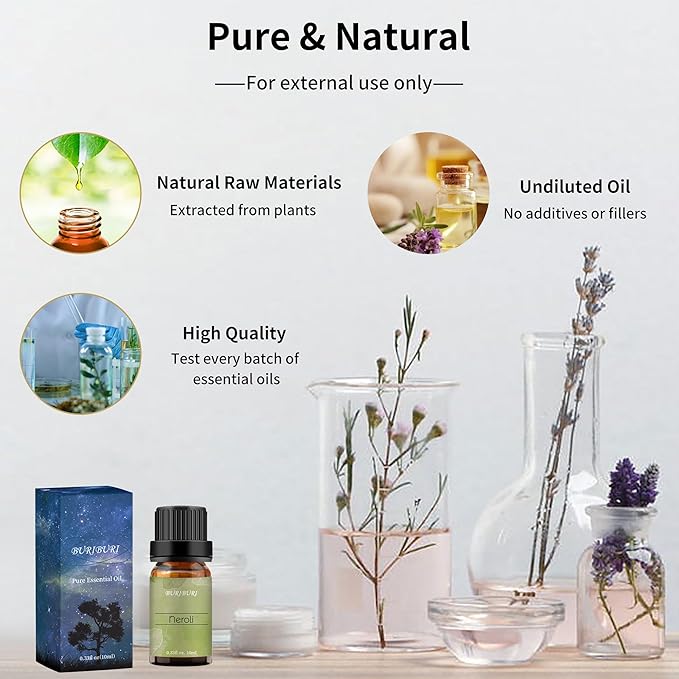 Neroli Organic Essential Oil 100% Pure, Undiluted, Natural, Aromatherapy Orange Blossom Oils 10ML BURIBURI