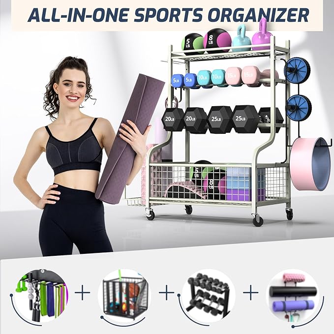 PLKOW Dumbbell Rack, Weight Rack for Dumbbells, Home Gym Storage for Dumbbells Kettlebells Yoga Mat and Balls, All in One Workout Storage with Wheels and Hooks, Powder Coated Finish Steel - Bloomnest