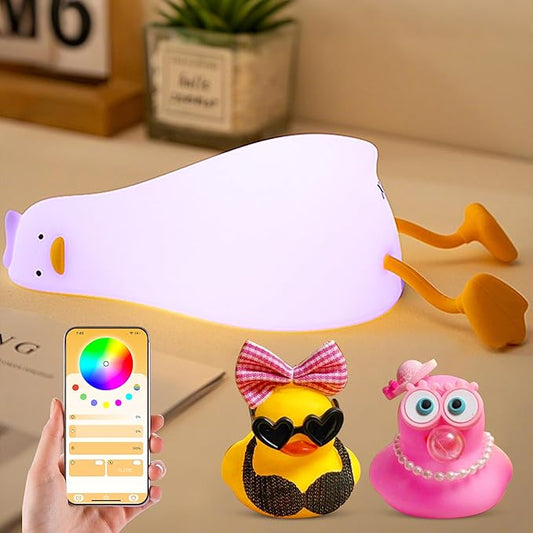 Cute Duck Night Light with Color Changing, APP/Tap Control Fun Lying Flat Ducky Lamp with Blind Box Gift,Soft Silicone Nursery Nightlight,Dimmable/Timing Bedside Touch Lamp,Baby Adults Kids Room Decor - Bloomnest