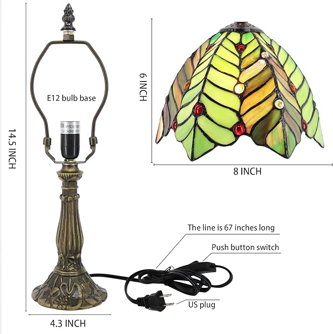 Small Tiffany Lamp Mini Accent Table Lamp Stained Glass Desk Memory Lamp Sympathy 8X14.5 Inch (Brown Green Leaf) - Bloomnest