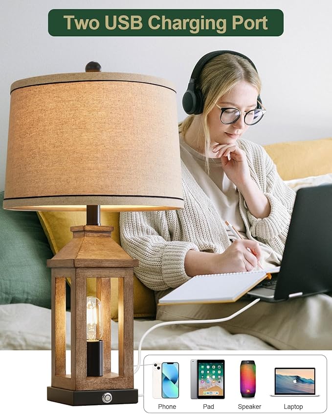 23.75" Farmhouse Dual USB Charging Ports 3-Way Dimmable Touch Control Table Lamp with Nightlight Vintage Modern Lamps for Living Room Bedroom - Bloomnest