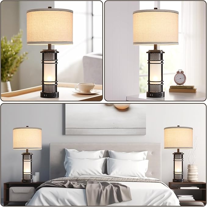 Set of 2 Modern Table Lamps for Living Room, Contemporary Nightstand Lamp with Dual USB Port, Bedside Lamps with White Frosted Glass Night Light for Bedroom, 4 Bulbs Included (Black) - Bloomnest