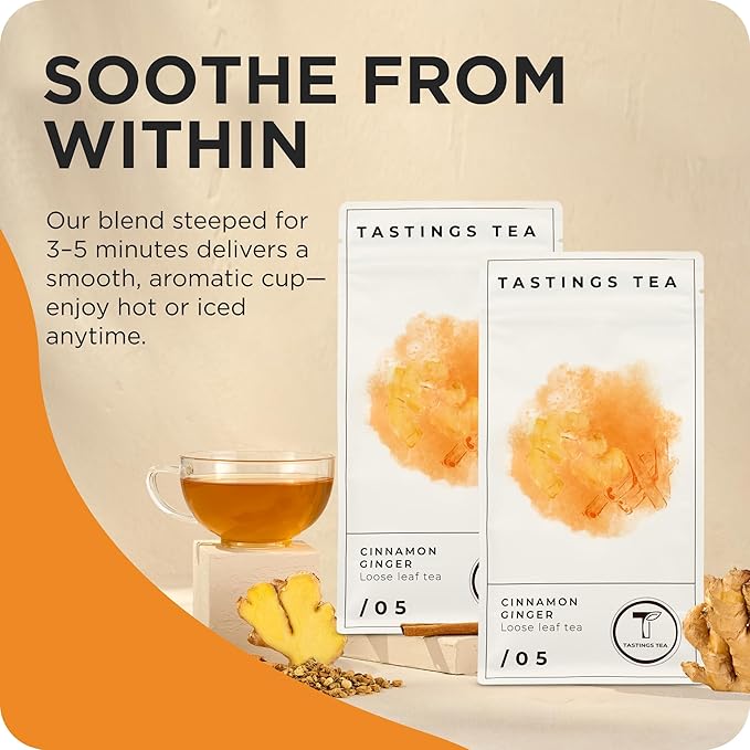 Tastings Tea Cinnamon Ginger Loose Leaf, 8 oz | Winter Warming Herbal Spice Blend for a Seasonal Brew | Natural Antioxidants for Wellness | Small Batch & Sustainably Sourced | Resealable Pouch - Bloomnest