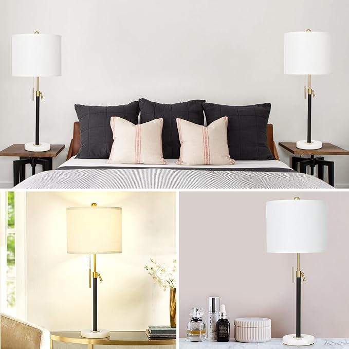 Black and Gold Table Lamps Set of 2: 22" to 30" Height Adjustable Nightstand Lamps with White Linen Shade | Pull Chain Switch | Marble Base - 3 Way Dimmable Beside Lamp for Bedrooms Living Room - Bloomnest
