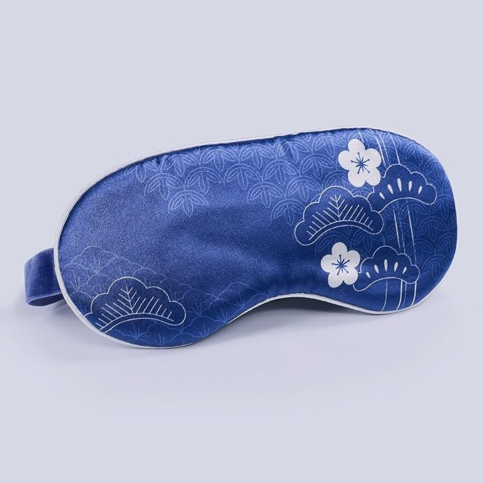 22mm Mulberry Silk Beauty Sleep Mask with Velvet Band & Travel Pouch, Light Blocking, Hair & Skin Friendly, Blue Cherry Blossom Totem Print, Gift Packaging - Bloomnest