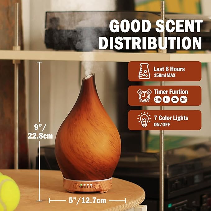 Porseme 150ml Essential Oil Diffuser Glass Color Changing Aroma Air Diffusers Aromatherapy Ultrasonic Cool Mist Humidifier 6 Running Hours Waterless Auto-Off for Sleeping Yoga Office Spa (Caramel) Porseme