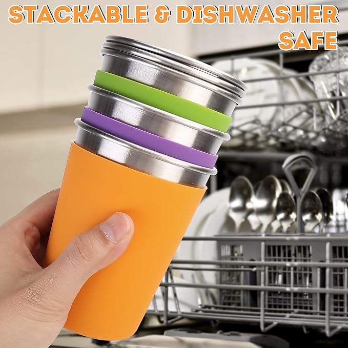 Kids Stainless Steel Cups, 12oz Kids Metal Drinking Glasses with Lids and Sleeves, Unbreakable Spill Proof Cups for Kid and Adult, Stacking Sippy Cups for Hot Chocolate & Cold Drinks 5Pack - Bloomnest