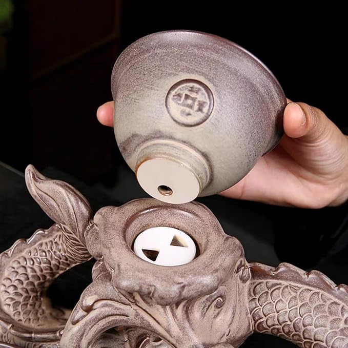 Chinese Gongfu Tea Set - Ceramic Teapot with Infuser, 8 Cups, Semi Automatic Dragon Design for Loose Leaf Tea