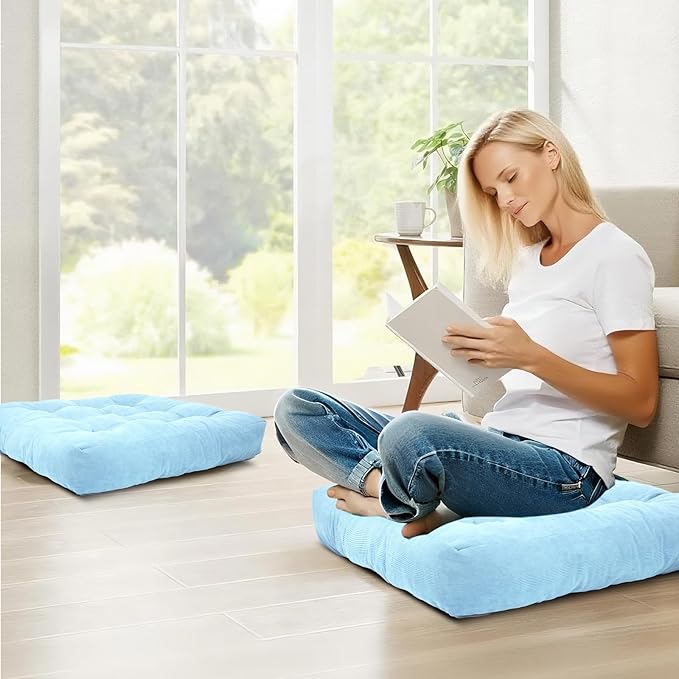 Meditation Floor Pillow Set of 2, Square Large Pillows Seating for Adults, Tufted Corduroy Cushion for Tatami Living Room, 22x22 Inch FP-Lblue