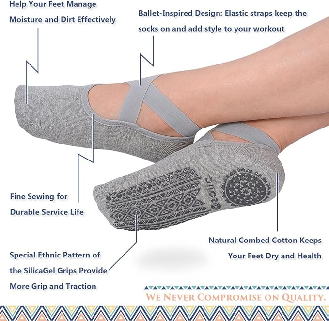 Ozaiic Pilates Socks for Women Non Slip Grip, Yoga Socks with Grippers for Barre, Hospital, Ballet, Dance, Barefoot Workout - Bloomnest