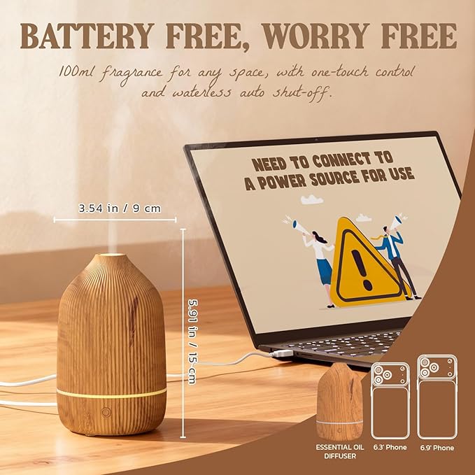 Essential Oil Diffuser, 100ml Aromatherapy Diffuser, Mini Ultrasonic Diffuser for Essential Oil, Home, Office, Cool Mist Humidifier with 7 Led Light, Auto Shut-Off, Wood Grain - Bloomnest