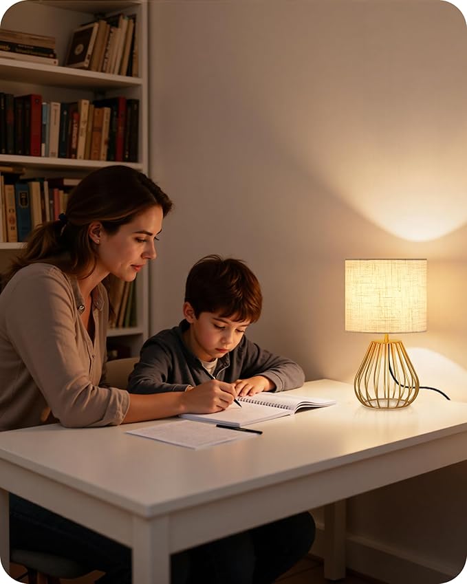 Gold Bedside Table Lamp, 12.6'' Small Table Lamp with Beige Linen Lampshade & Gold Teardrop Cage, Modern Little Cute Desk Lamp for Bedroom, Living Room, 2700K LED Bulb Included DE06TL05 - Bloomnest