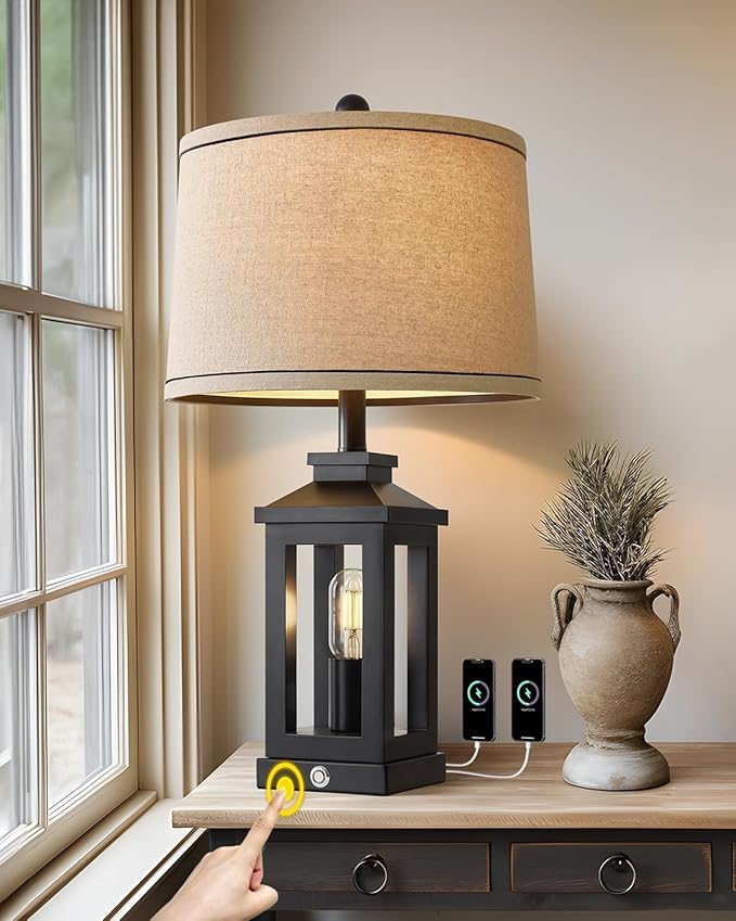 23.75" Retro Farmhouse Black Table Lamp for Living Room Bedroom Nightstand Single Pack Touch Control Bedside Nightlight Vintage Modern Lamp with USB C+A Ports and 2 Light Sources - Bloomnest