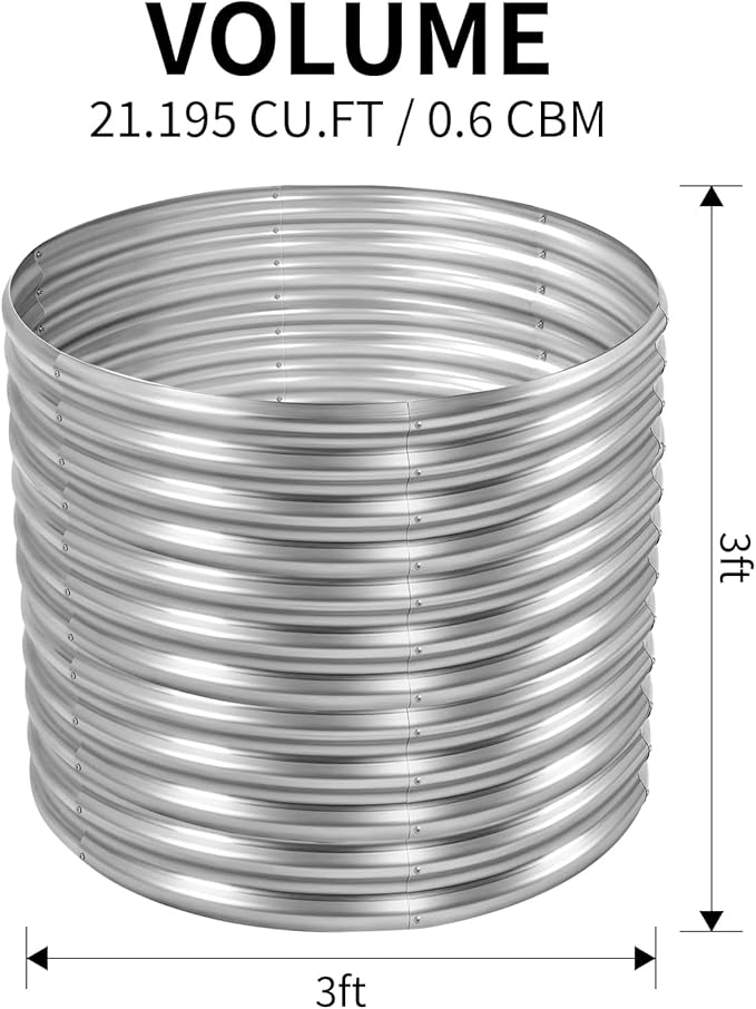 Land Guard 3×3×3ft Galvanized Raised Garden Bed Kit, Round Galvanized Planter Raised Garden Boxes Outdoor, Large Metal Raised Garden Beds for Vegetables, Silver - Bloomnest