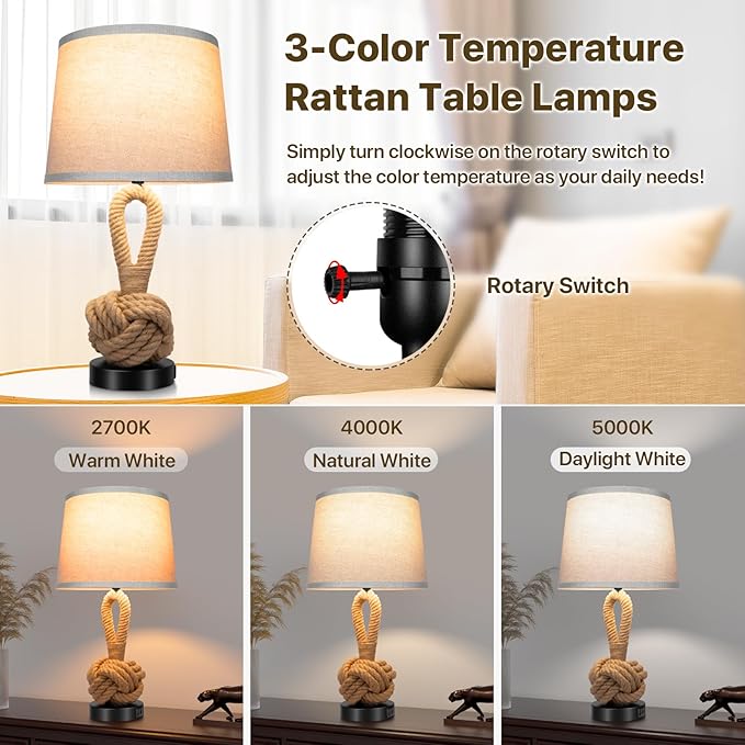 22" Rope Lamps for Night Stands, Bedside Lamps Set of 2, Boho Table Lamps for Living Room End Tables, 3-Color Temperatures Boho Lamp with Rotary Switch, Rattan Lamp with USB Ports, Bulbs Included - Bloomnest