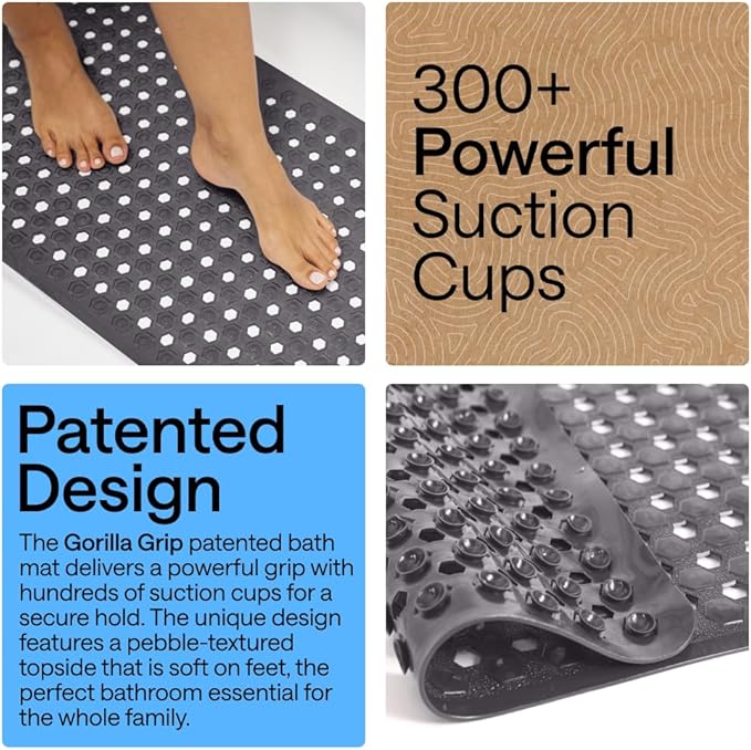 GORILLA GRIP Patented Bath Tub Shower Mat, Machine Washable Bathtub Floor Liner Mats, Suction Cups and Drain Holes to Keep Tubs Clean, Soft on Feet, Bathroom Essentials, 35x16 Inch, Charcoal Opaque - Bloomnest