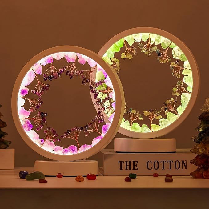 Runyangshi Natural Crystal Green Fluorite Small Tree Round White Frame Tri-Color Ambient Light Home Decoration Night Light Mother's Day Gift - Bloomnest