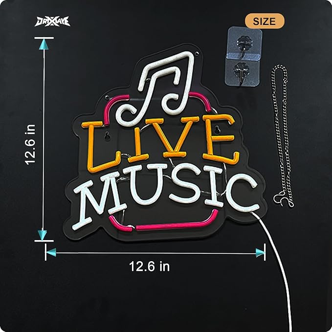 Live Music Neon Sign LED Wall Art for Bedroom, Bar, Studio – USB Powered, Dimmable, Energy-Efficient(12.6x12.6 Inch) - Bloomnest
