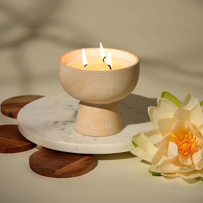 New BLUEME Wellness Candle Wax Refill, Contains Essential Oil, Sustainable, Hand Finished, Hand Poured, Premium, Luxury Ceramic, Natural Cotton Wick (24oz, White Lotus & Tea) - Bloomnest