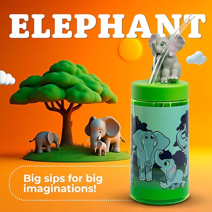 Kids Water Bottle, Toddler Cups, Tumbler with Lid and Straw, Travel Sippy Cup for Water or Milk, Kids Cups with Lids for Toddlers 3 and Up, BPA Free Plastic, 12 oz (Trend Zoo Elephant) - Bloomnest