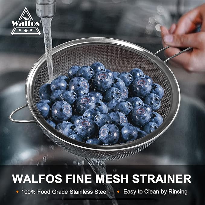 Walfos 9.35 Inch Large Fine Mesh Strainer, Stainless Steel 30 Mesh Sieve with Sturdy Handle, Kitchen Food Strainers Sifters for Rice, Quinoa, Pasta, Fruits, Vegetables, etc. - Bloomnest