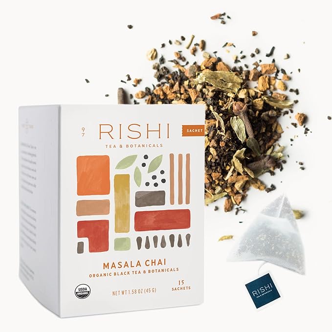 Rishi Tea Masala Chai Black Sachet Tea Bag Blend - Organic, Assam with Whole Spices, Energizing & Caffeinated - 15 Count (Pack of 1) - Bloomnest