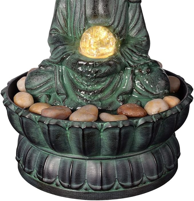 Indoor Tabletop Fountain Buddha Exquisite Sitting Meditation Statue, Desk-Top Water Fountain Decorative Zen Fountain w/Glass Rolling Ball/LED/Stone for Office/Home/feng Shui Decor 9.4" - Bloomnest