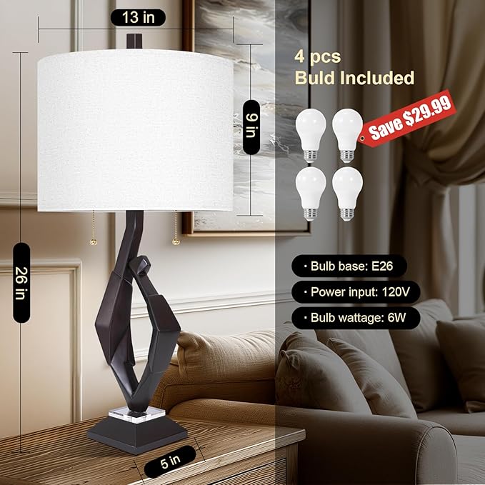 Scenekoy Sculptural Resin Table Lamp Set of 2 with USB Ports for Bedroom Living Room, 26” Black-Brown Dual Pull Chains Bedside Lamps, Nightstand Lamp for Home Room Decor (Bulbs Included) - Bloomnest