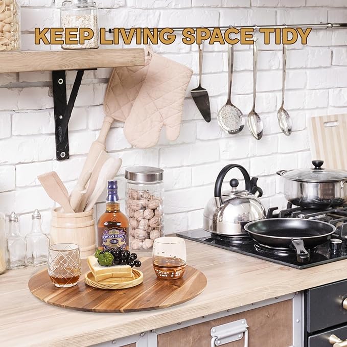 16" Acacia Wood Turntable Organizer | Lazy Susan for Table Top, Cabinet or Pantry | Wooden Rotating Tray for Kitchen Countertop, Durable, Easy to Clean, No Assembly Needed - Bloomnest