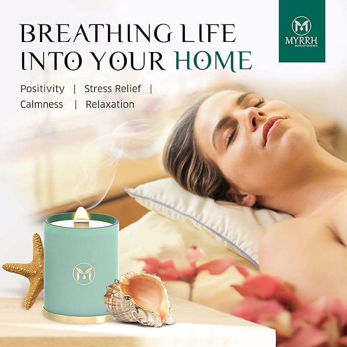 MyrrhUSA Ocean Breeze Scented Candle – 15 oz Natural Soy Wax with Crackling Wooden Wick & Essential Oils | 80 Hour Burn | Luxury Aromatherapy Candle for Relaxation, Home Décor, Living Room & Bathroom - Bloomnest