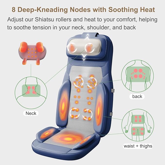 Rainwolf Shiatsu Neck and Back Massage Cushion with Heat - 4D Deep Tissue Kneading Full-Back Massager for Relief Fatigue, Adjustable Intensity & Height, for Office Chair & Home - Bloomnest