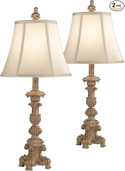 Regency Hill Elize Traditional French Country Style Vintage White Washed Candlestick Table Lamps 26.5" High Set of 2 Bell Shade for Living Room Bedroom House Bedside Nightstand Home Office - Bloomnest