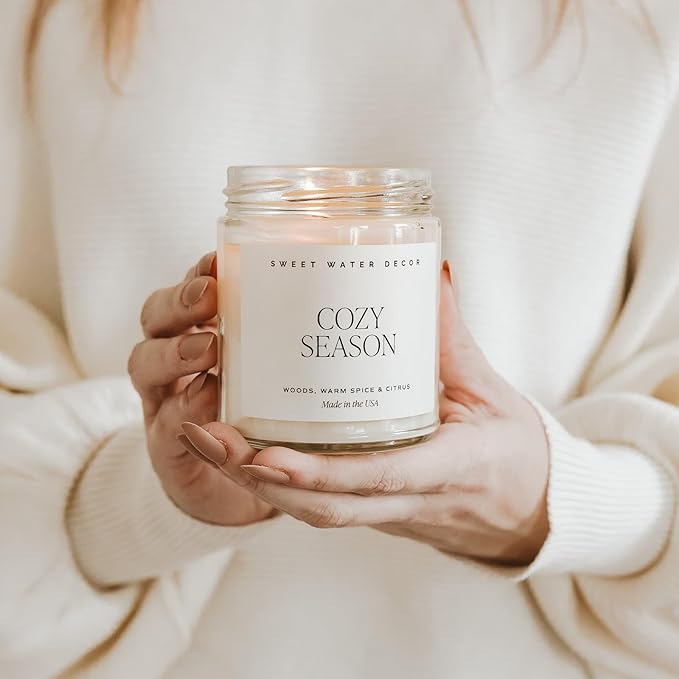 Sweet Water Decor Cozy Season Soy Candles - Fall Candles with Woods, Warm Spice, and Citrus Scent for Home Decor - Soy Candle with 40 Hours Burn Time - 9Oz Gold Lid Clear Jar Candles Fall Scents - Bloomnest