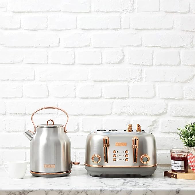 Haden Heritage 1.7 Liter Stainless Steel Electric Kettle, Hot Water Kettle with 360-Degree Base and Auto Shutoff, Steel & Copper - Bloomnest