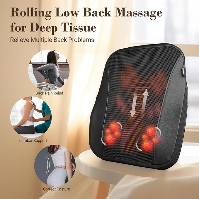 Cordless Shiatsu Lower Back Massager - 4D Kneading Low Back Massager for Pain Relief Deep Tissue,Portable Up and Down Rolling Massage for Home Office, for Women Men - Bloomnest