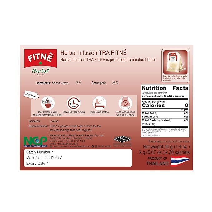 FITNE Original Herbal Tea Senna Infusion Healthy Wellness Beverage Natural Gentle Detox Cleanse No Calories Caffeine Free, 20 Tea Bags - Bloomnest