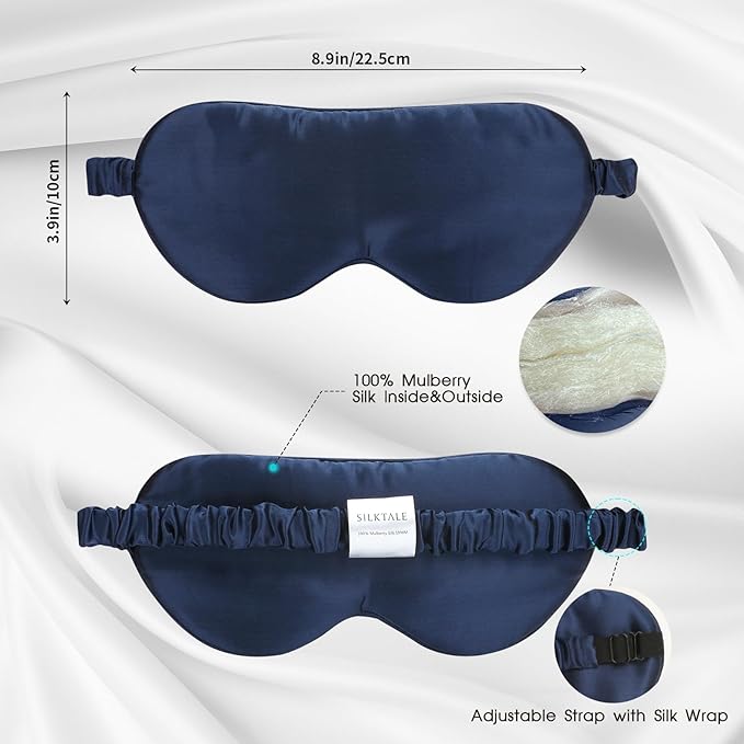 Mulberry Silk Blackout Adjustable Sleep Eye Mask for Men/Women Travel Plane,Navy Blue - Bloomnest