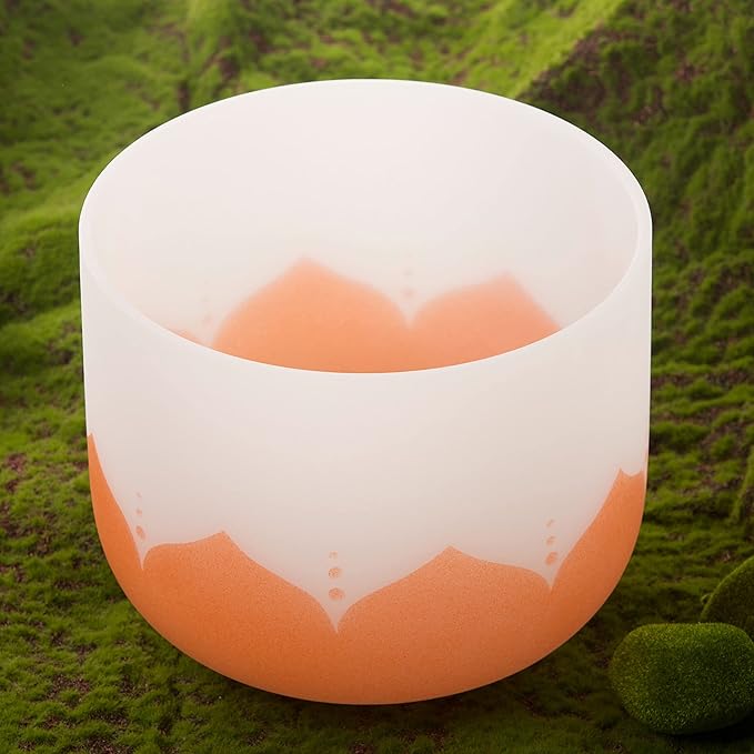 Leize Quartz Crystal Singing Bowl 432hz D Note Sacral Chakra Navel Chakra Orange Lotus Design 11" Wide with Suede Striker - Bloomnest