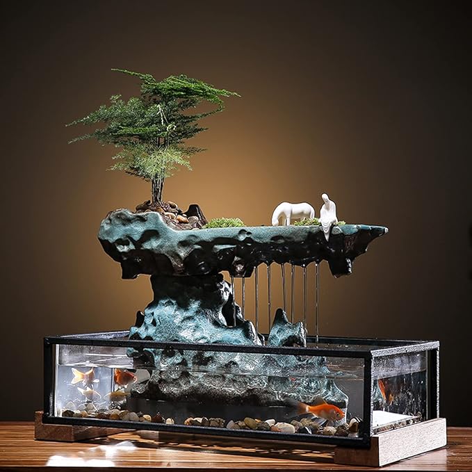 Desktop Fountain Waterfall w/Fish Tank&Rockery,17" L*8" W*8" H Ornaments Aquariums Rockery for Office Table or Home Decorate - Bloomnest