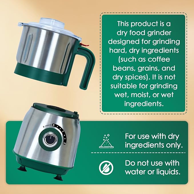 Electric Spice and Nut Grinders - 3 Stainless Steel Blades, 1 Filter, 1 Brush - 500W Grinder for Kitchen, Dry Use (Green) - Bloomnest