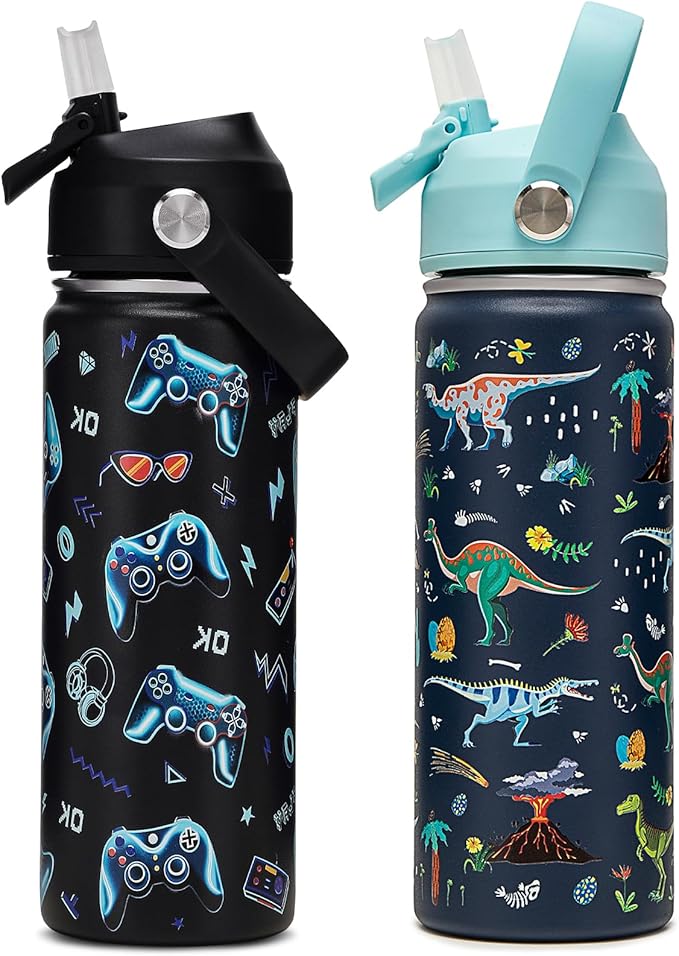 18oz Kids Insulated Water Bottle with Straw Lid - 18/8 Stainless Steel Kid Cup Travel Tumbler Double Wall Vacuum Leak Proof Portable Toddler Water Bottle (Game + Dinosaur) - Bloomnest