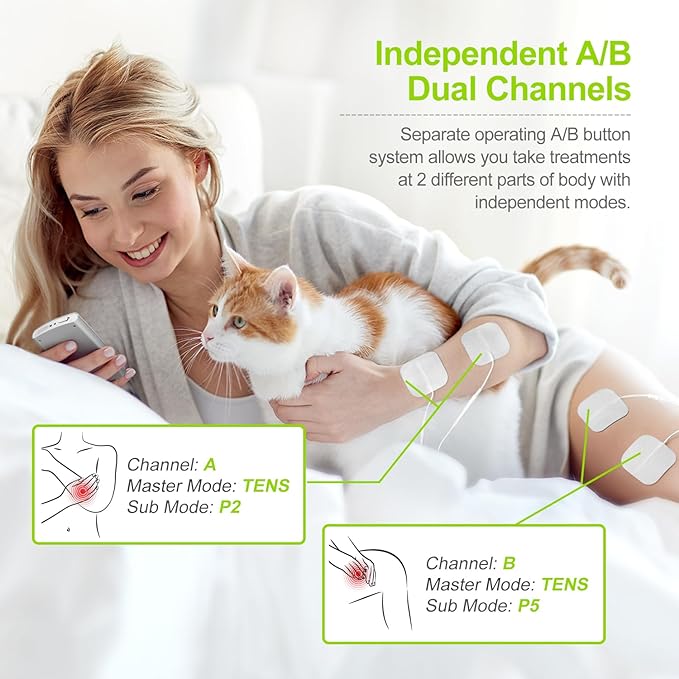 AUVON Dual Channel TENS EMS Unit 24 Modes Muscle Stimulator for Pain Relief, Rechargeable TENS Machine Massager with 12 Pads, ABS Pads Holder, USB Cable and Dust-Proof Storage Bag AUVON