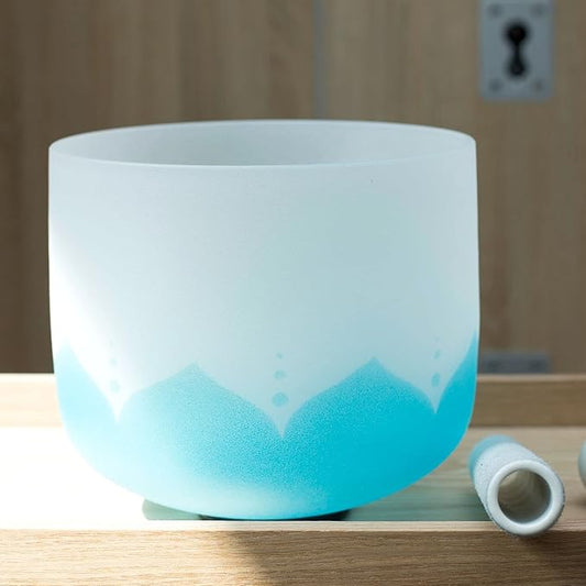 Leize Blue Lotus Design Quartz Crystal Singing Bowl G Note Throat Chakra Blue 10" with Heavy Duty Carrying Case Suede Striker