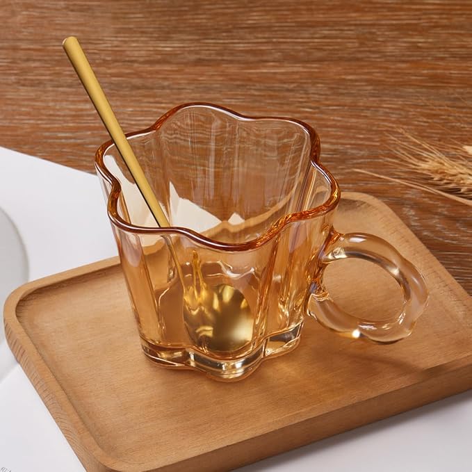 Vintage Glass Coffee Mugs Set of 4, 11oz Creative Flower Glass Coffee Cups with Spoons - Cute Tea Cups with Handle, Art Glassware, Unique Birthday Gifts - Bloomnest
