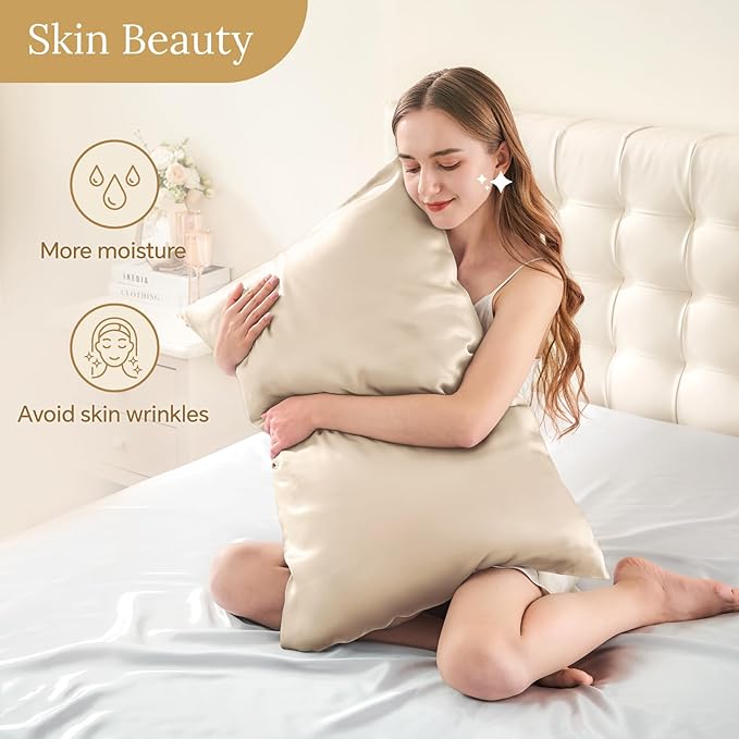 INFIIXSO Mulberry Silk Pillowcase for Hair and Skin, Silk Pillow Cases Queen Size Set of 2 with Hidden Zipper 20x30 Inches, Ultra Smooth and Soft Cooling Pillow Cases for Hot Sleepers(Beige, 2 Pack) - Bloomnest
