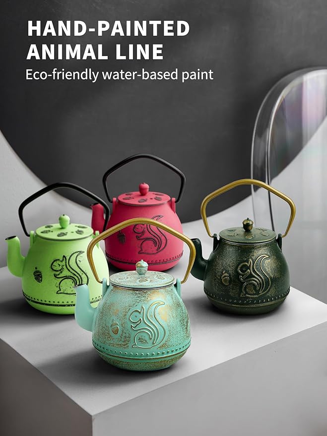 Toptier Teapot with Removable Infuser, Cast Iron Tea Kettle Stovetop Safe, Squirrel Design Tea Pot Coated with Enameled Interior for 32 Ounce (950 ml), Aqua - Bloomnest