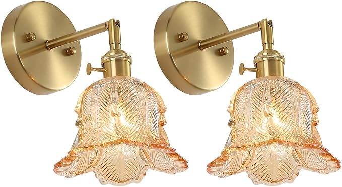 Vintage Wall Sconces Set of 2, Lily Amber Lampshade & 180 Degree Adjustable, Brass Wall Lights, for Bedroom Living Room Hallway Aisle, Bulbs Not Included, ETL Listed - Bloomnest