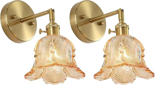 Vintage Wall Sconces Set of 2, Lily Amber Lampshade & 180 Degree Adjustable, Brass Wall Lights, for Bedroom Living Room Hallway Aisle, Bulbs Not Included, ETL Listed - Bloomnest
