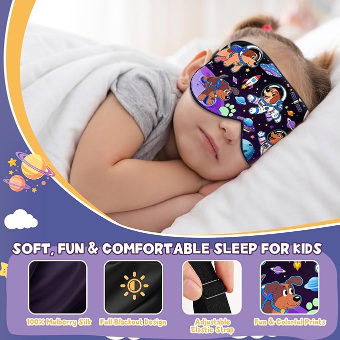 Silk Kids Sleep Mask: 100% Mulberry Silk Eye Mask, Sleeping Masks with Adjustable Strap, Soft & Light-Blocking Printed Kid Eye Cover for Boys Girls Teens Aged 5-15 (Space Dog Theme) - Bloomnest