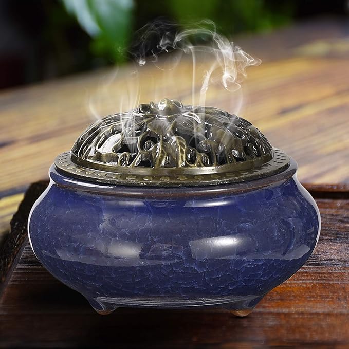 Incense Burner and Cone Incense Holder with Calabash Incense Stick Holder Ceramic Ash Catcher,Blue - Bloomnest